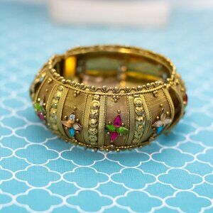7 inch, Vintage Multicolor Rhinestones Gold Tone Elegant Hinge Bangle - R37